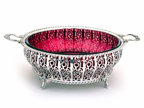 mappin webb silver bowl with gadroon border and cranberry glass liner - CATEGORY: ANTIQUE SILVER - DATED 1930