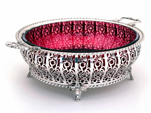 MAPPIN WEBB SILVER BOWL WITH GADROON BORDER AND CRANBERRY GLASS LINER - ADDITIONAL PHOTO 1