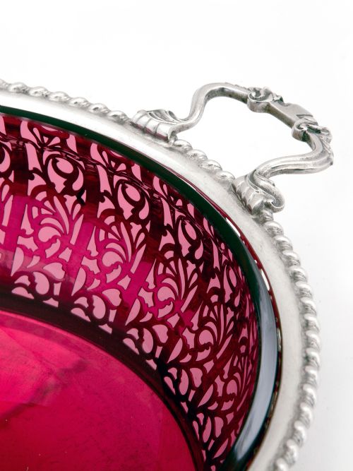 MAPPIN WEBB SILVER BOWL WITH GADROON BORDER AND CRANBERRY GLASS LINER - ADDITIONAL PHOTO 2