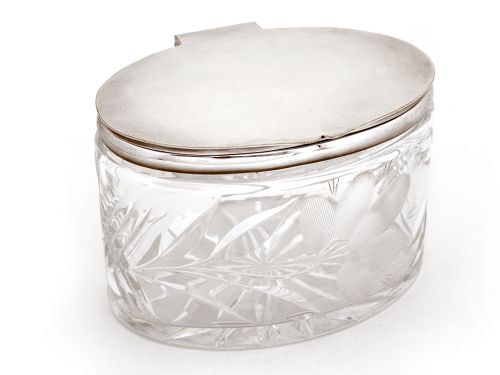 oval glass and silver plated box with a plain lid and cut glass design of leaves and an engraved flower - CATEGORY: ANTIQUE SILVER - DATED 1940