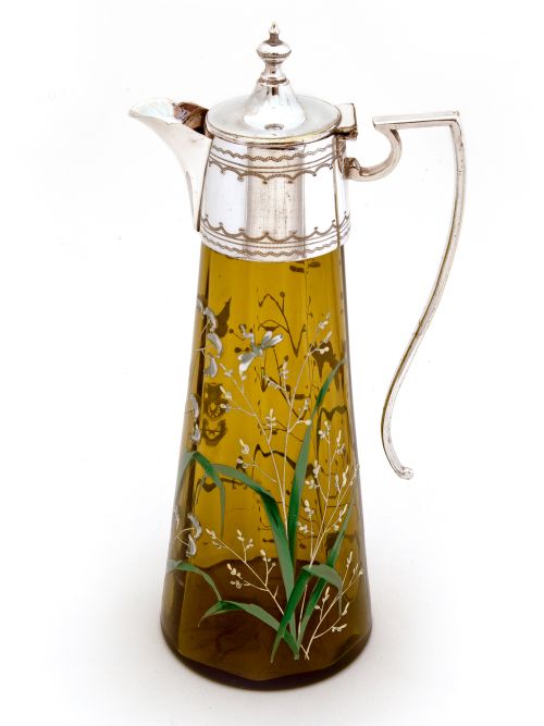 victorian silver plated green glass claret jug with enamel scenes of flowers and butterflies - CATEGORY: ANTIQUE SILVER - DATED 1890