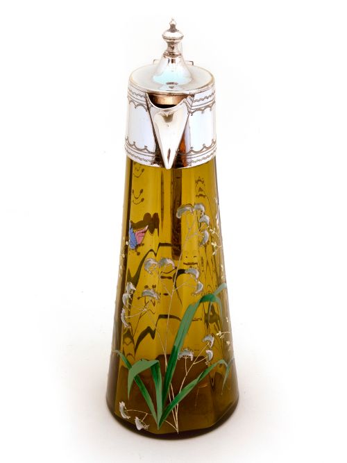 VICTORIAN SILVER PLATED GREEN GLASS CLARET JUG WITH ENAMEL SCENES OF FLOWERS AND BUTTERFLIES - ADDITIONAL PHOTO 1