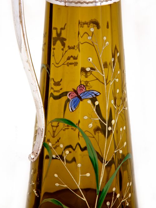 VICTORIAN SILVER PLATED GREEN GLASS CLARET JUG WITH ENAMEL SCENES OF FLOWERS AND BUTTERFLIES - ADDITIONAL PHOTO 2
