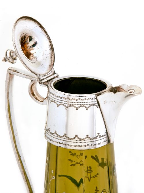 VICTORIAN SILVER PLATED GREEN GLASS CLARET JUG WITH ENAMEL SCENES OF FLOWERS AND BUTTERFLIES - ADDITIONAL PHOTO 3