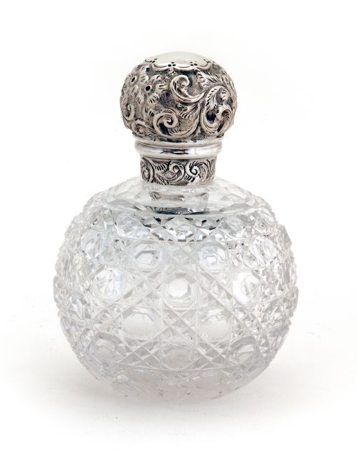 victorian silver and cut clear crystal glass globe shape scent bottle - CATEGORY: ANTIQUE SILVER - DATED 1890