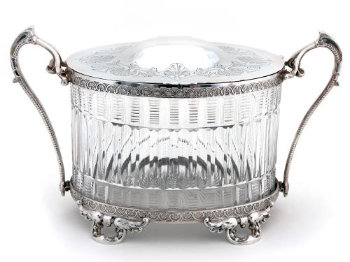 decorative oval victorian silver plated biscuit box with cut glass body hinged lid and hinged handles - CATEGORY: ANTIQUE SILVER - DATED 1890