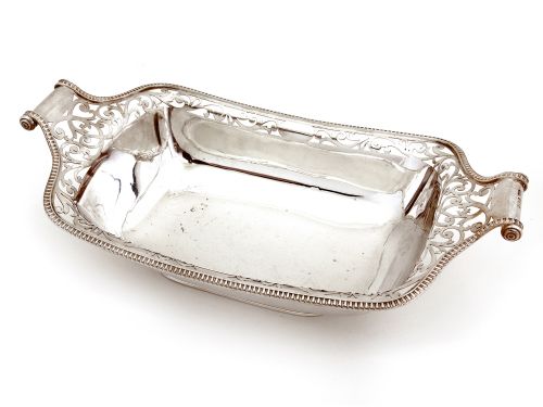 edwardian rectangular silver dish or basket with two scroll handles - CATEGORY: ANTIQUE SILVER - DATED 1900