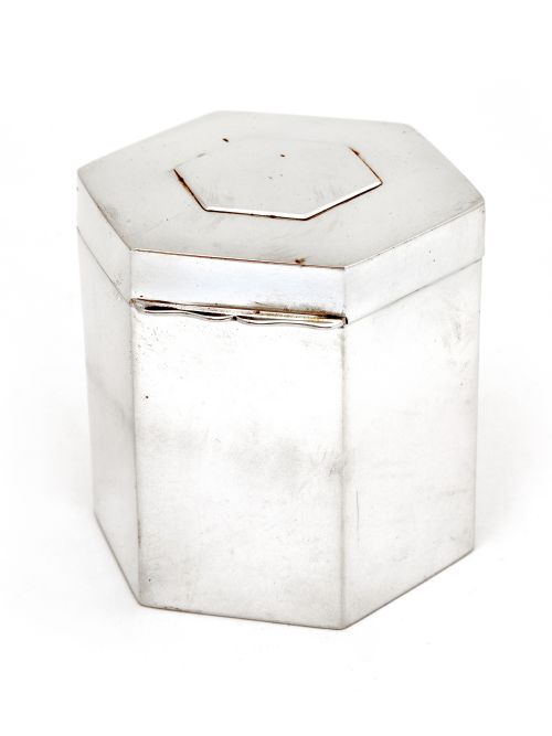edwardian hexagonal silver box tea caddy with a plain paneled body - CATEGORY: ANTIQUE SILVER - DATED 1910
