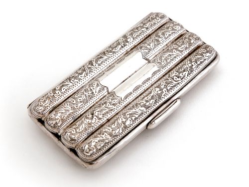 quality victorian silver four section cigar case engraved with floral leaves and scroll - CATEGORY: ANTIQUE SILVER - DATED 1890