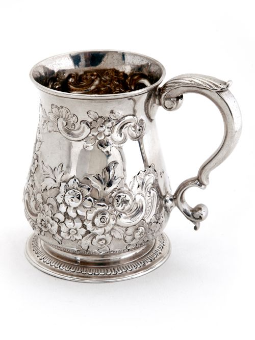 george ii silver christening mug with a chased floral and scroll baluster form body - CATEGORY: ANTIQUE SILVER - DATED 1750
