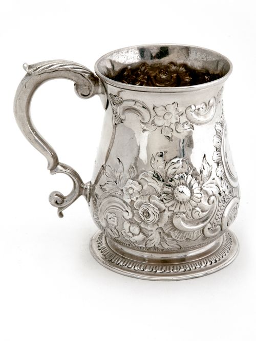GEORGE II SILVER CHRISTENING MUG WITH A CHASED FLORAL AND SCROLL BALUSTER FORM BODY - ADDITIONAL PHOTO 3