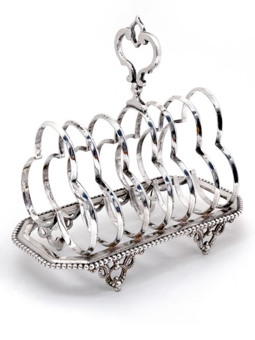 victorian silver plated seven shaped hoop section toast rack with a cast scroll handle - CATEGORY: ANTIQUE SILVER - DATED 1880