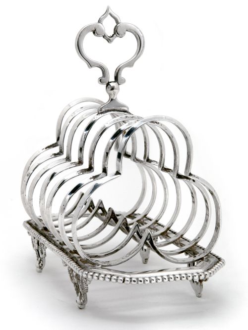 VICTORIAN SILVER PLATED SEVEN SHAPED HOOP SECTION TOAST RACK WITH A CAST SCROLL HANDLE - ADDITIONAL PHOTO 1