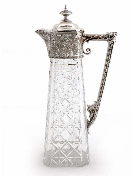 unusual shape victorian silver plated claret jug with a square shaped cut glass body - CATEGORY: ANTIQUE SILVER - DATED 1890