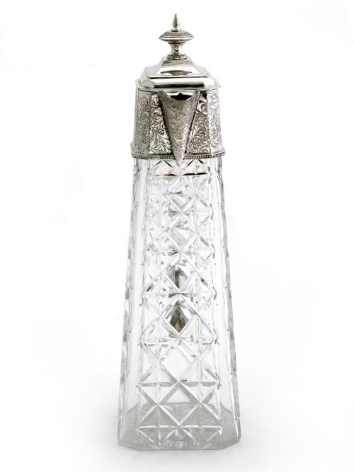 UNUSUAL SHAPE VICTORIAN SILVER PLATED CLARET JUG WITH A SQUARE SHAPED CUT GLASS BODY - ADDITIONAL PHOTO 1
