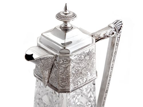UNUSUAL SHAPE VICTORIAN SILVER PLATED CLARET JUG WITH A SQUARE SHAPED CUT GLASS BODY - ADDITIONAL PHOTO 2
