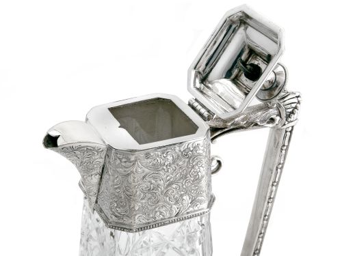 UNUSUAL SHAPE VICTORIAN SILVER PLATED CLARET JUG WITH A SQUARE SHAPED CUT GLASS BODY - ADDITIONAL PHOTO 3