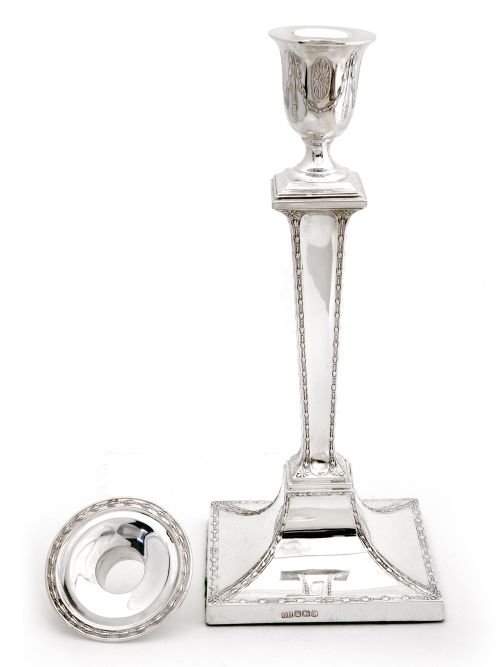 PAIR OF SILVER CANDLE STICKS DECORATED WITH FINE GARLANDS TO THE STEMS - ADDITIONAL PHOTO 1