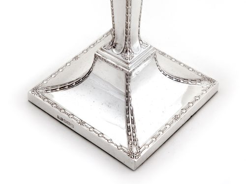 PAIR OF SILVER CANDLE STICKS DECORATED WITH FINE GARLANDS TO THE STEMS - ADDITIONAL PHOTO 2