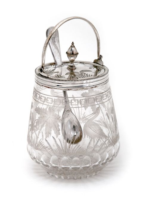 victorian silver plate and glass jam pot hand engraved with herons and bull rushes - CATEGORY: ANTIQUE SILVER - DATED 1880