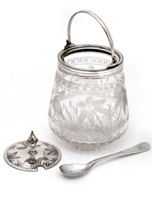 VICTORIAN SILVER PLATE AND GLASS JAM POT HAND ENGRAVED WITH HERONS AND BULL RUSHES - ADDITIONAL PHOTO 1
