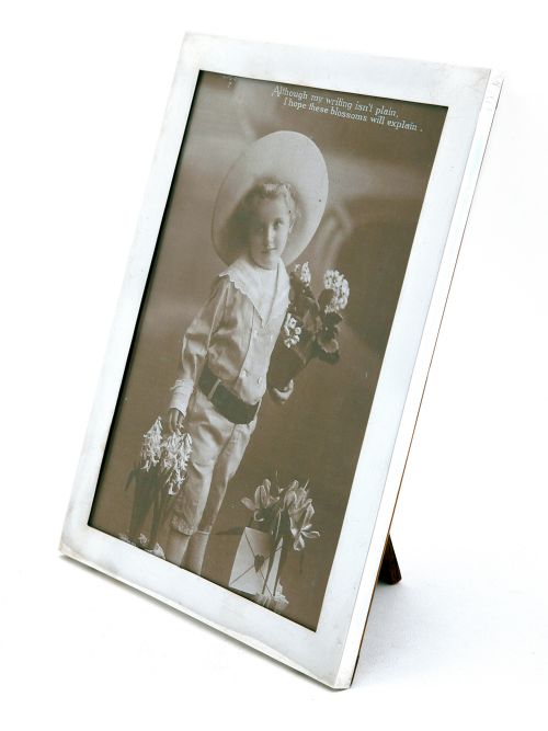 plain silver antique photo or picture frame with an oak easel stand back - CATEGORY: ANTIQUE SILVER - DATED 1910