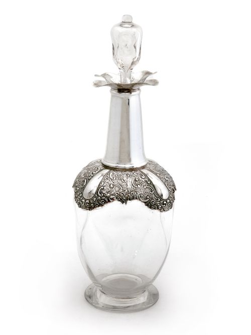 victorian silver and dimpled glass tall decanter with silver pouring spouts and silver shoulders - CATEGORY: ANTIQUE GLASS - DATED 1900