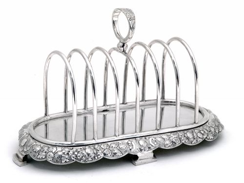 victorian silver plated toast rack with seven hoops and repousse decoration of flowers on the base - CATEGORY: ANTIQUE SILVER - DATED 1890