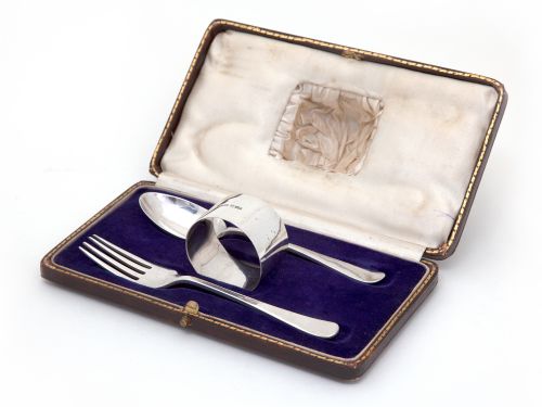 plain silver boxed christening fork and spoon with matching napkin ring - CATEGORY: ANTIQUE SILVER - DATED 1920