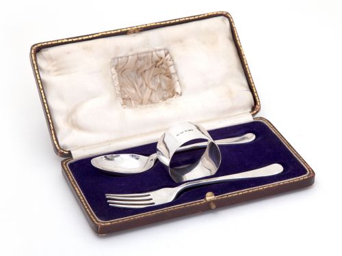 PLAIN SILVER BOXED CHRISTENING FORK AND SPOON WITH MATCHING NAPKIN RING - ADDITIONAL PHOTO 1