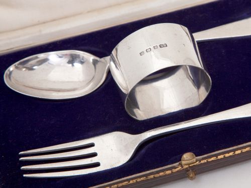 PLAIN SILVER BOXED CHRISTENING FORK AND SPOON WITH MATCHING NAPKIN RING - ADDITIONAL PHOTO 2
