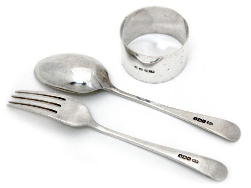 PLAIN SILVER BOXED CHRISTENING FORK AND SPOON WITH MATCHING NAPKIN RING - ADDITIONAL PHOTO 3