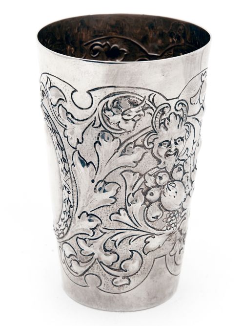 VICTORIAN SILVER BEAKER WITH CHASED DECORATION OF FRUIT FOLIAGE AND GARGOYLES - ADDITIONAL PHOTO 1