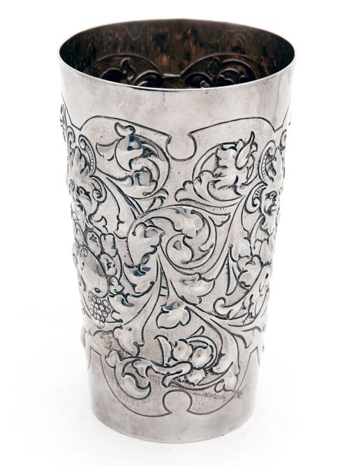 VICTORIAN SILVER BEAKER WITH CHASED DECORATION OF FRUIT FOLIAGE AND GARGOYLES - ADDITIONAL PHOTO 2