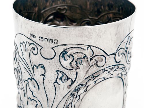 VICTORIAN SILVER BEAKER WITH CHASED DECORATION OF FRUIT FOLIAGE AND GARGOYLES - ADDITIONAL PHOTO 4