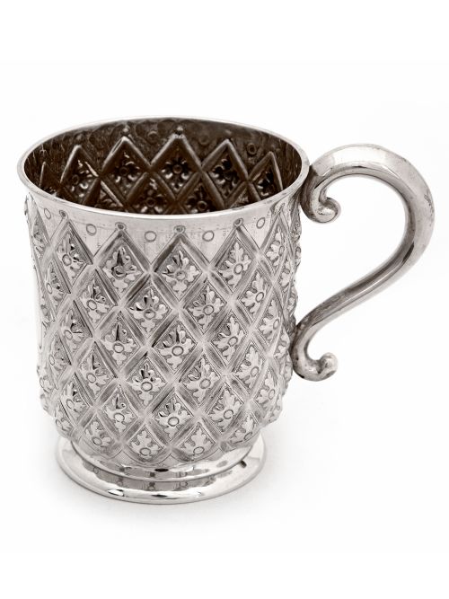 victorian silver half pint christening mug hand chased in a pineapple style - CATEGORY: ANTIQUE SILVER - DATED 1860