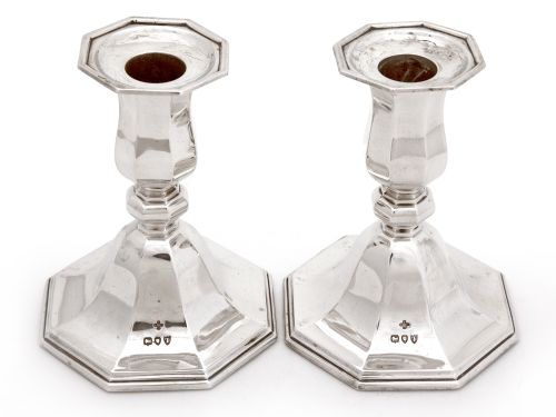 pair of victorian silver dwarf candle sticks with plain eight sided panelled base and capitals - CATEGORY: ANTIQUE SILVER - DATED 1890