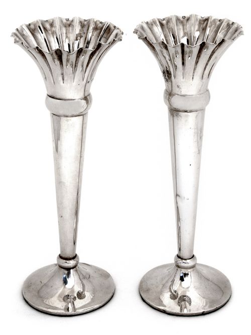good quality pair of trumpet shaped silver vases with fluted rims and plain bodies - CATEGORY: ANTIQUE SILVER - DATED 1900