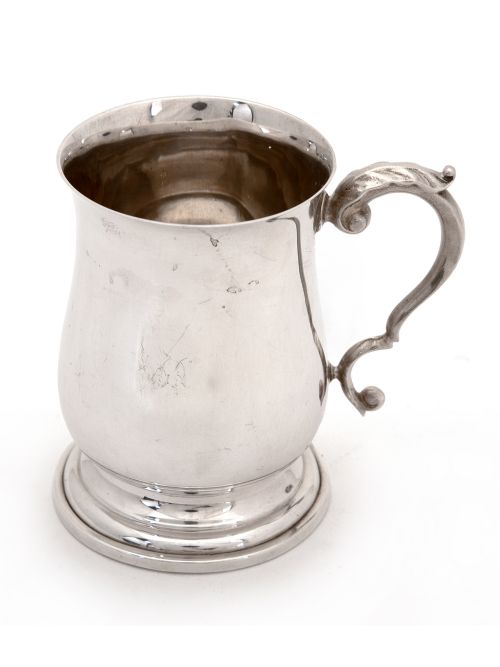 plain baluster shaped silver half pint christening mug with a scroll and leaf handle - CATEGORY: ANTIQUE SILVER - DATED 1950