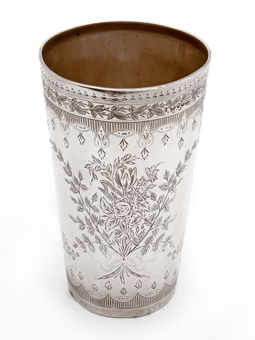 over sized victorian silver beaker engraved with floral scenes and an empty cartouche - CATEGORY: ANTIQUE SILVER - DATED 1870