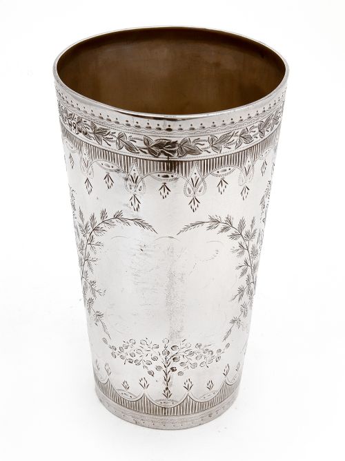 OVER SIZED VICTORIAN SILVER BEAKER ENGRAVED WITH FLORAL SCENES AND AN EMPTY CARTOUCHE - ADDITIONAL PHOTO 1