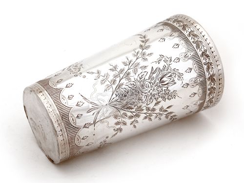 OVER SIZED VICTORIAN SILVER BEAKER ENGRAVED WITH FLORAL SCENES AND AN EMPTY CARTOUCHE - ADDITIONAL PHOTO 2