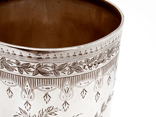 OVER SIZED VICTORIAN SILVER BEAKER ENGRAVED WITH FLORAL SCENES AND AN EMPTY CARTOUCHE - ADDITIONAL PHOTO 3