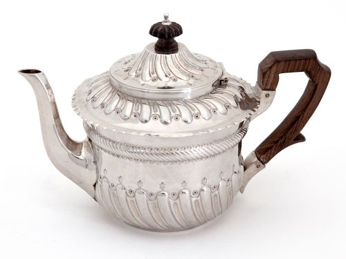 VICTORIAN SILVER BATCHELOR TEA POT WITH A WOODEN HANDLE CHASED FLUTED BODY AND HINGED SPIRAL FLUTED LID - ADDITIONAL PHOTO 1