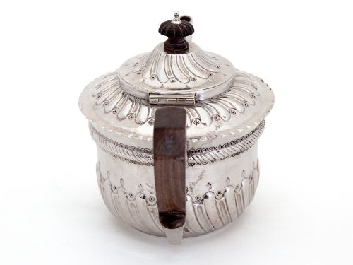VICTORIAN SILVER BATCHELOR TEA POT WITH A WOODEN HANDLE CHASED FLUTED BODY AND HINGED SPIRAL FLUTED LID - ADDITIONAL PHOTO 3