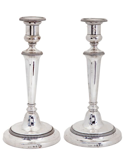 pair of handsome george iii silver candle sticks with plain tapering stems and spreading circular base - CATEGORY: ANTIQUE SILVER - DATED 1800