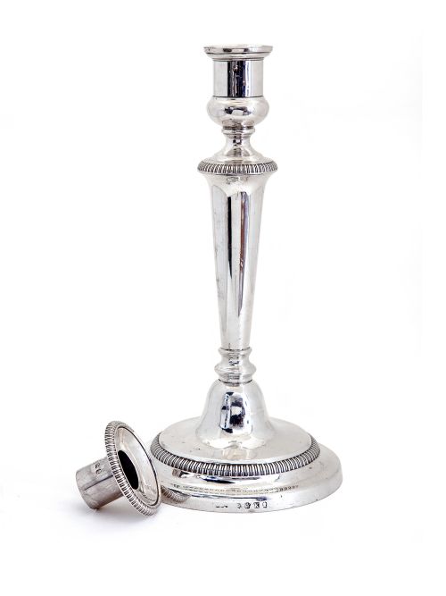 PAIR OF HANDSOME GEORGE III SILVER CANDLE STICKS WITH PLAIN TAPERING STEMS AND SPREADING CIRCULAR BASE - ADDITIONAL PHOTO 1