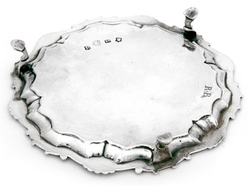 GEORGE II SILVER SALVER WITH AN APPLIED SHELL AND SCROLL BORDER - ADDITIONAL PHOTO 2