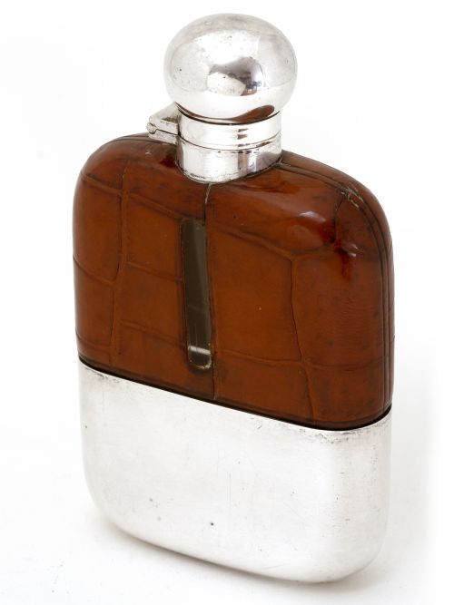 goldsmith silversmith silver plated crocodile leather and glass flask - CATEGORY: ANTIQUE SILVER - DATED 1900