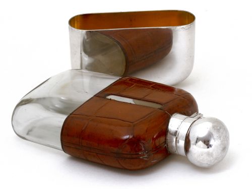 GOLDSMITH SILVERSMITH SILVER PLATED CROCODILE LEATHER AND GLASS FLASK - ADDITIONAL PHOTO 3